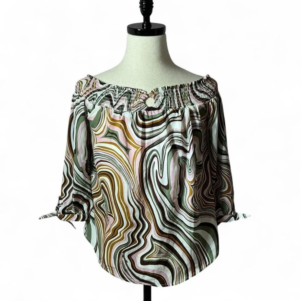 Rue 21 Abstract Print Off Shoulder Top Smocked Neckline Blouse Brown‎ Green Pink